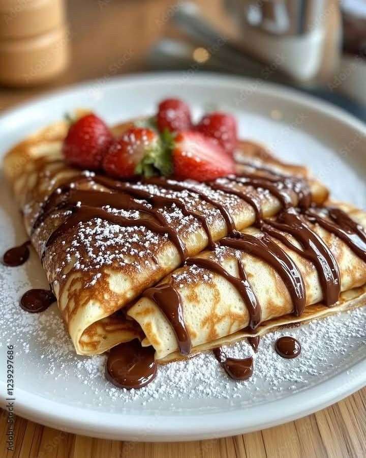 Assiette de crêpes pliées en quartiers, garnies de sauce au chocolat et de fraises fraîches tranchées, saupoudrées de sucre glace.