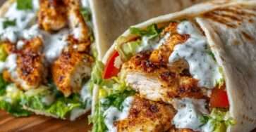 Wraps au poulet coupés en deux, garnis de laitue croquante, tomates et sauce yaourt crémeuse, servis sur une assiette avec quelques feuilles de salade.