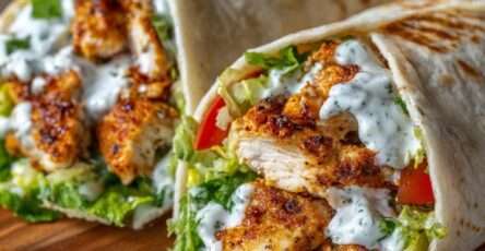 Wraps au poulet coupés en deux, garnis de laitue croquante, tomates et sauce yaourt crémeuse, servis sur une assiette avec quelques feuilles de salade.