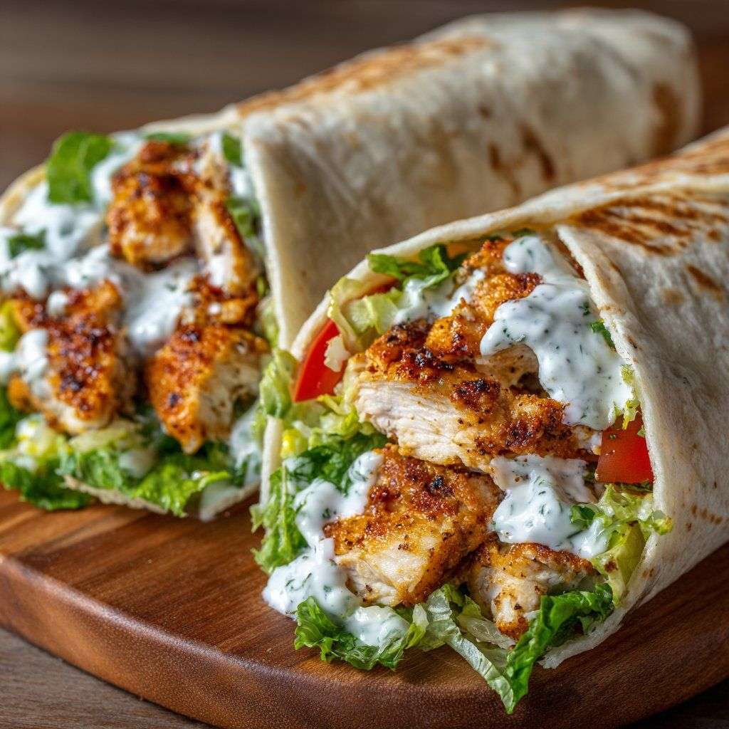 Wraps au poulet coupés en deux, garnis de laitue croquante, tomates et sauce yaourt crémeuse, servis sur une assiette avec quelques feuilles de salade.