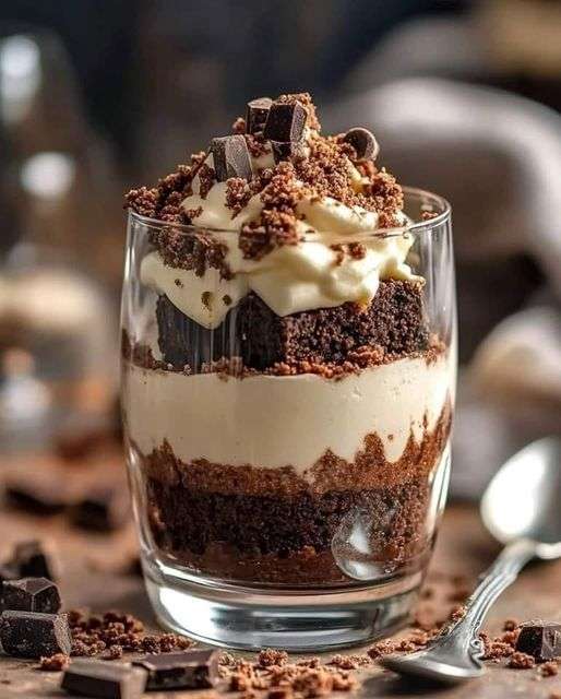 Verrines de parfait brownie, crème cheesecake et ganache au chocolat.