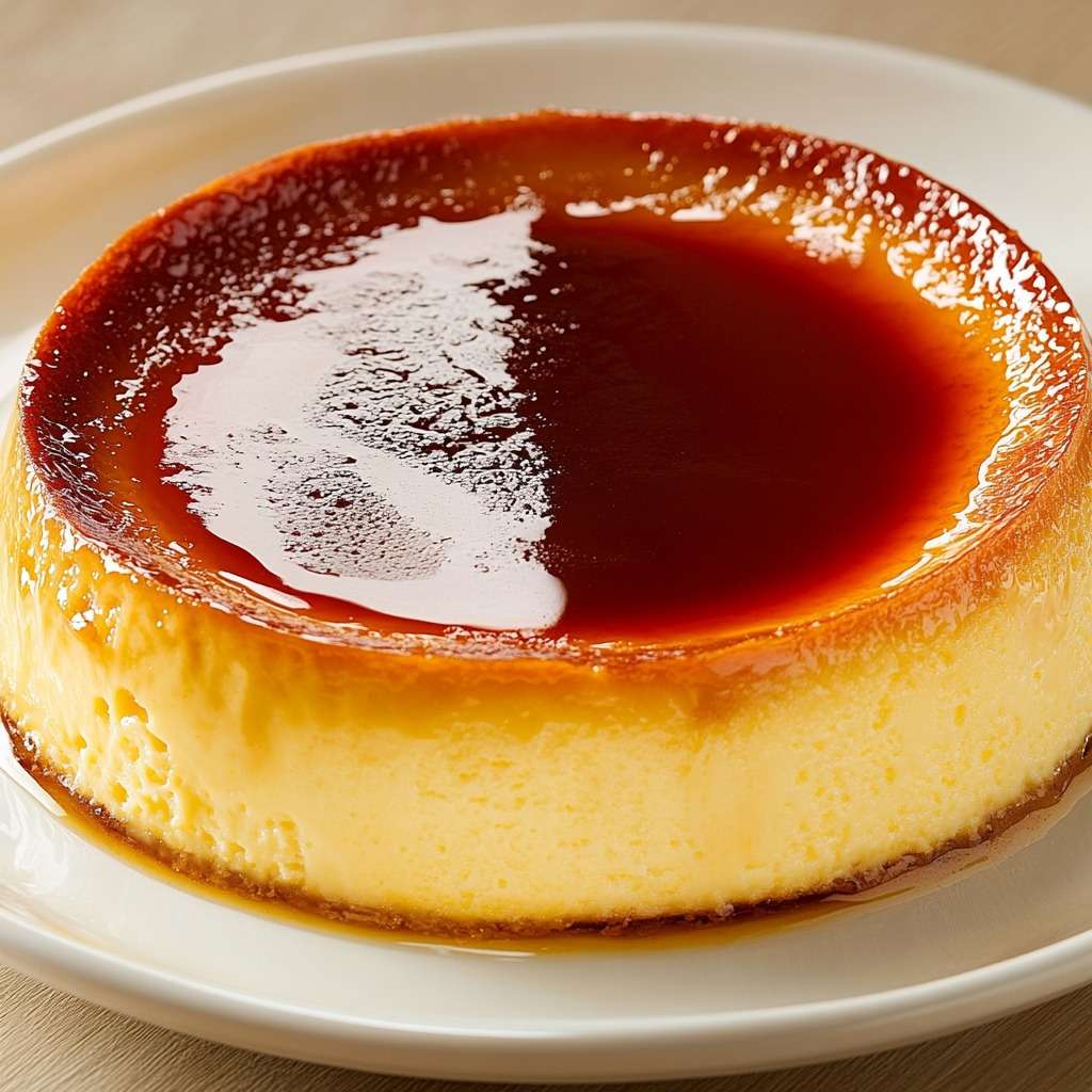 Flan au caramel traditionnel démoulé sur un plat, nappé de caramel ambré brillant, avec une texture lisse et fondante.