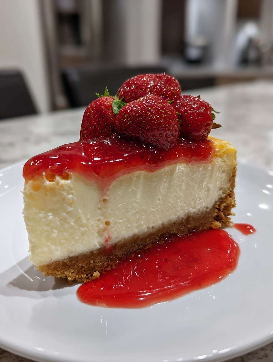 Cheesecake crémeux sur base biscuitée, nappé de coulis de fraises et décoré de fraises fraîches.