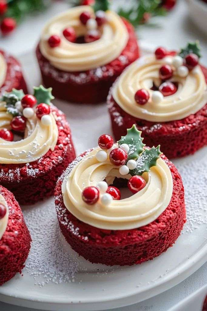 Mini gâteaux velours rouge décorés en forme de couronne de Noël avec glaçage blanc, baies rouges et perles de sucre.