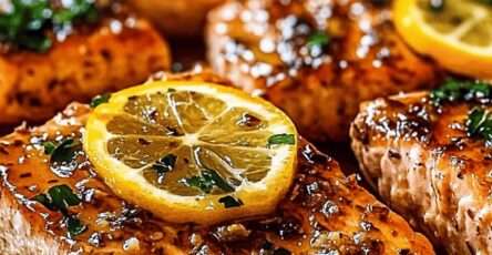 Saumon au beurre dorés nappés de sauce beurre citron ail, garnis de persil et citron frais.