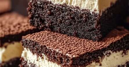 Carrés de brownies tiramisu avec crème mascarpone épaisse et cacao saupoudré.