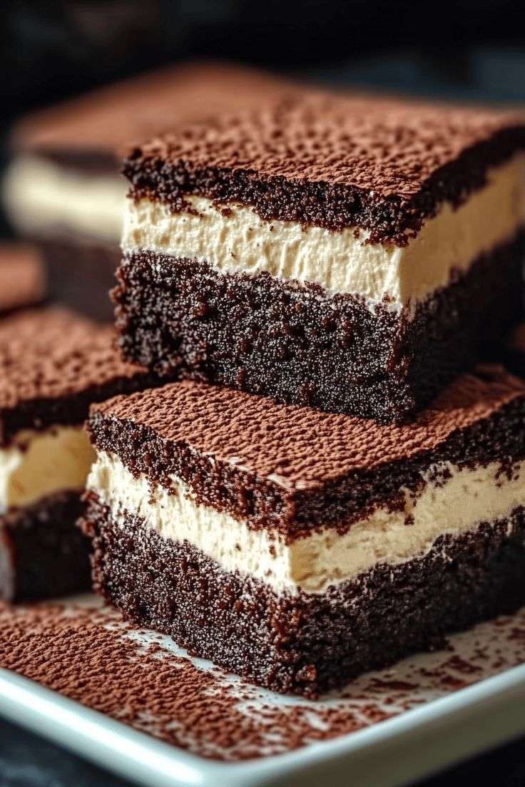 Carrés de brownies tiramisu avec crème mascarpone épaisse et cacao saupoudré.