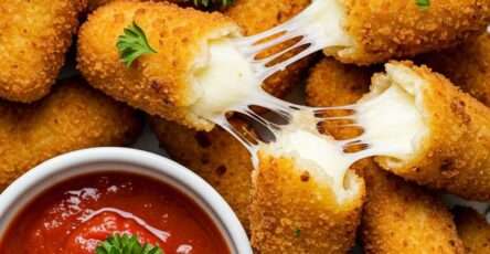 Bâtonnets de mozzarella dorés et croustillants avec intérieur fondant, servis avec sauce marinara.