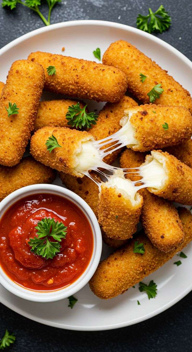 Bâtonnets de mozzarella dorés et croustillants avec intérieur fondant, servis avec sauce marinara.