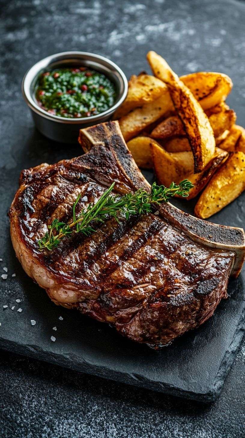 T-bone steak grillé servi avec frites maison croustillantes et sauce chimichurri.