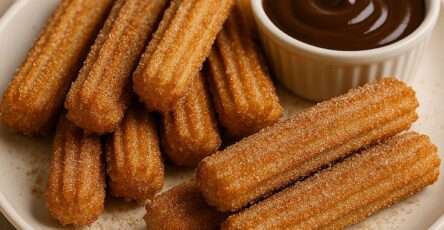 Churros maison dorés et croustillants roulés dans le sucre-cannelle avec sauce chocolat.