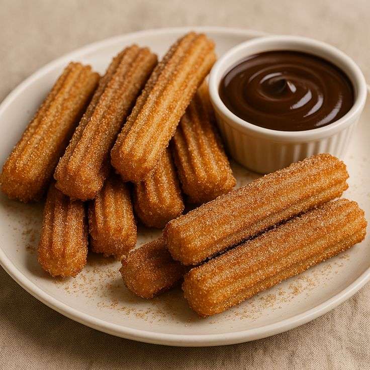 Churros maison dorés et croustillants roulés dans le sucre-cannelle avec sauce chocolat.