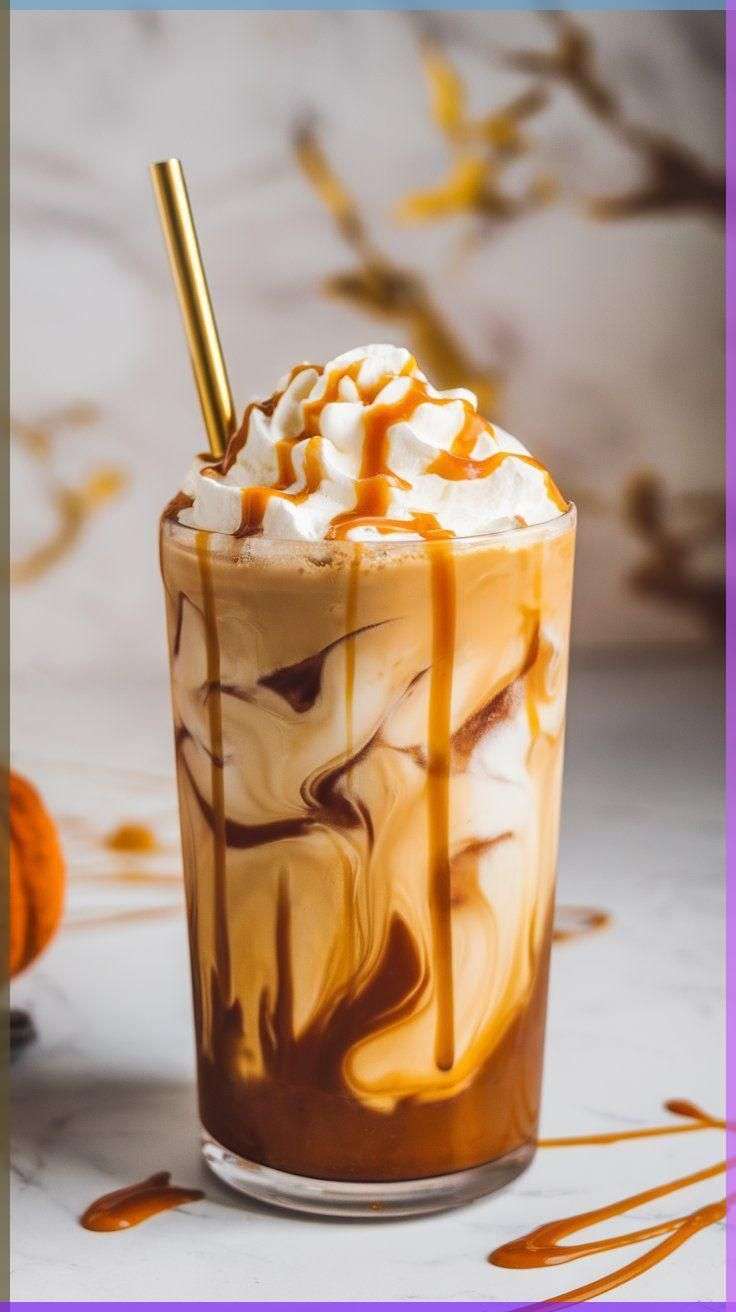 Verre de café glacé au caramel avec crème fouettée et glaçons.