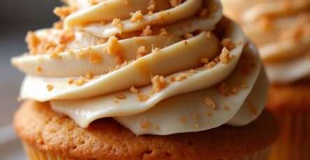 Cupcakes Biscoff au spéculoos décorés d’un glaçage Biscoff tourbillonné et de miettes de biscuits.