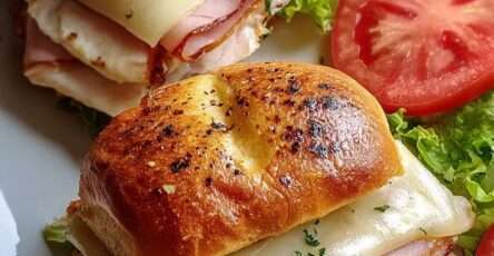 Sandwich bagel garni de jambon, fromage fondu, laitue et condiments