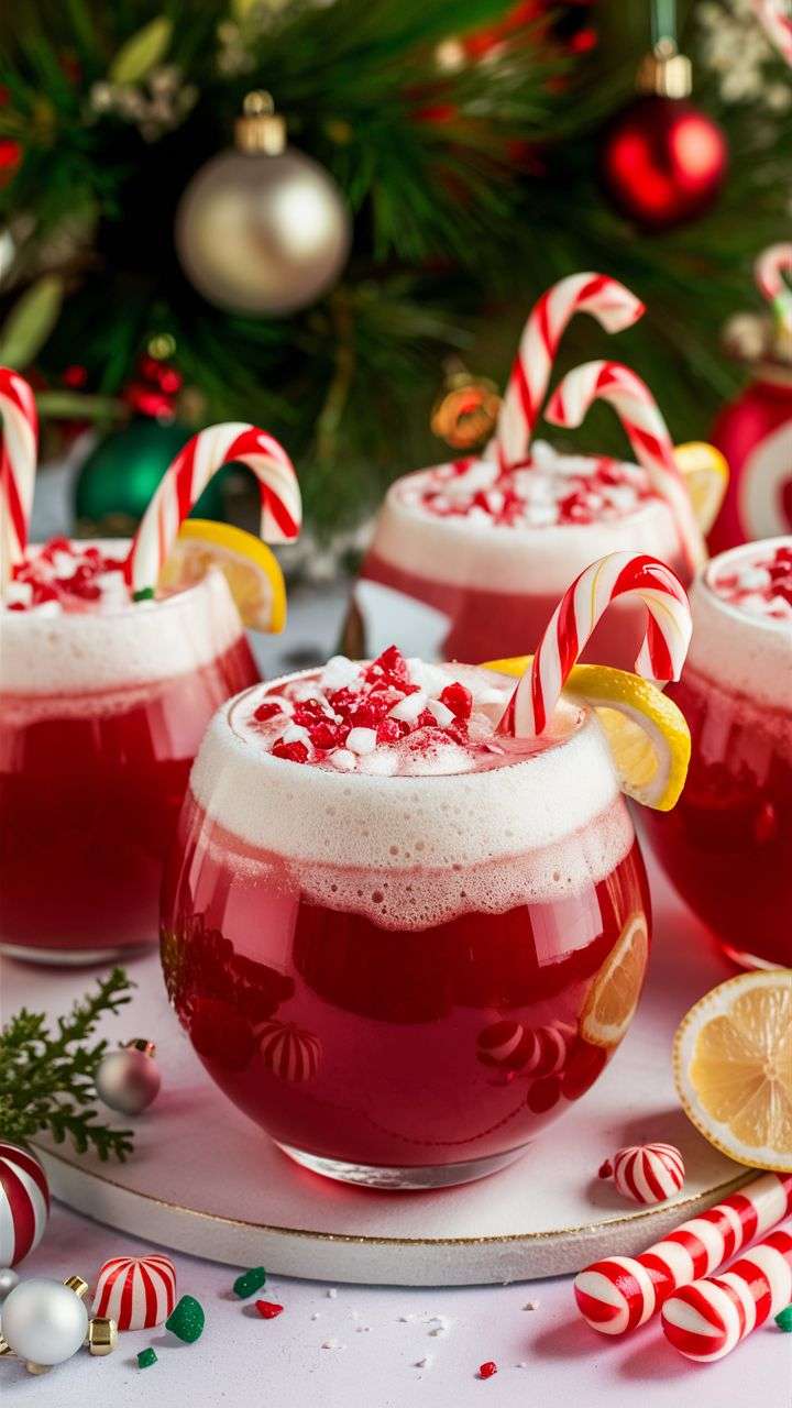 Verres de punch de Noël rouges garnis de crème fouettée et de cannes à sucre.