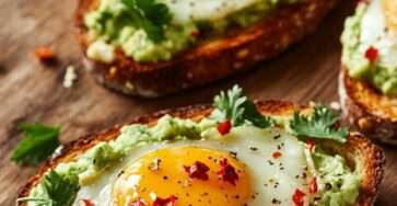 Avocado toast garni d’un œuf au plat coulant, herbes fraîches et piment.