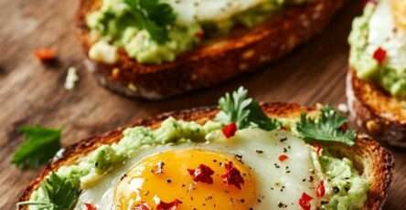 Avocado toast garni d’un œuf au plat coulant, herbes fraîches et piment.