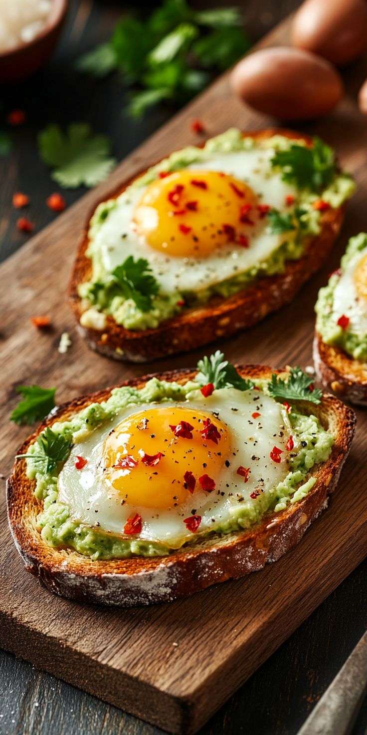 Avocado toast garni d’un œuf au plat coulant, herbes fraîches et piment.