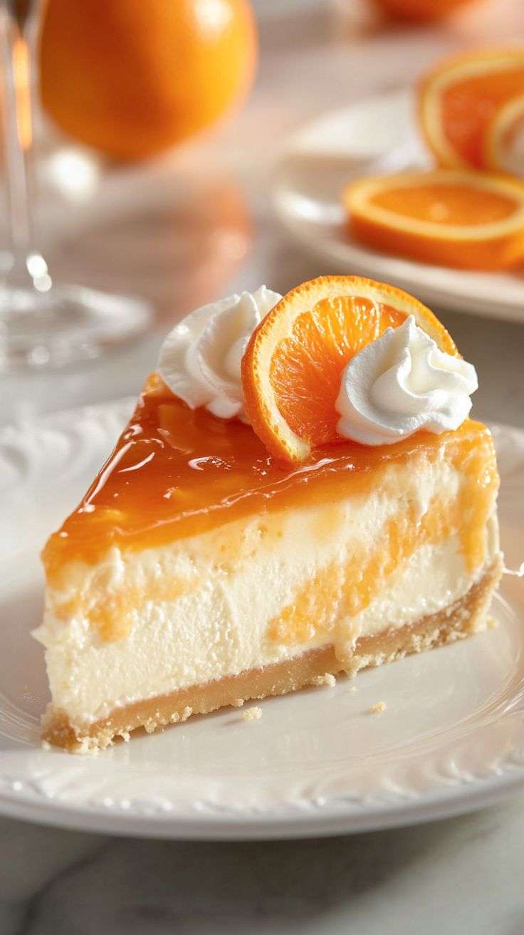 Cheesecake crémeux à l’orange avec base biscuitée et tranches d’orange fraîches sur le dessus.