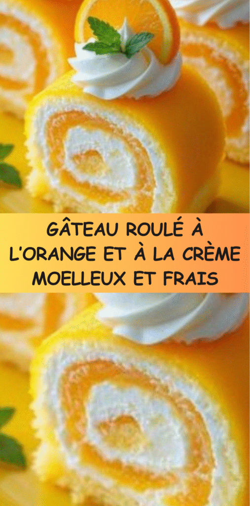 Gâteau roulé moelleux parfumé à l’orange, garni de crème et décoré de tranches d’orange.