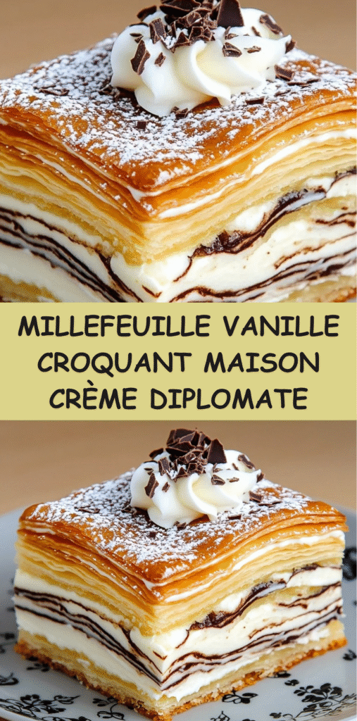 Millefeuille vanille maison composé de trois couches de pâte feuilletée et de crème diplomate onctueuse, saupoudré de sucre glace.