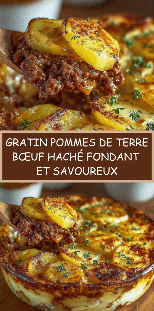 Gratin de pommes de terre au bœuf haché doré au four, avec fromage gratiné et herbes fraîches.