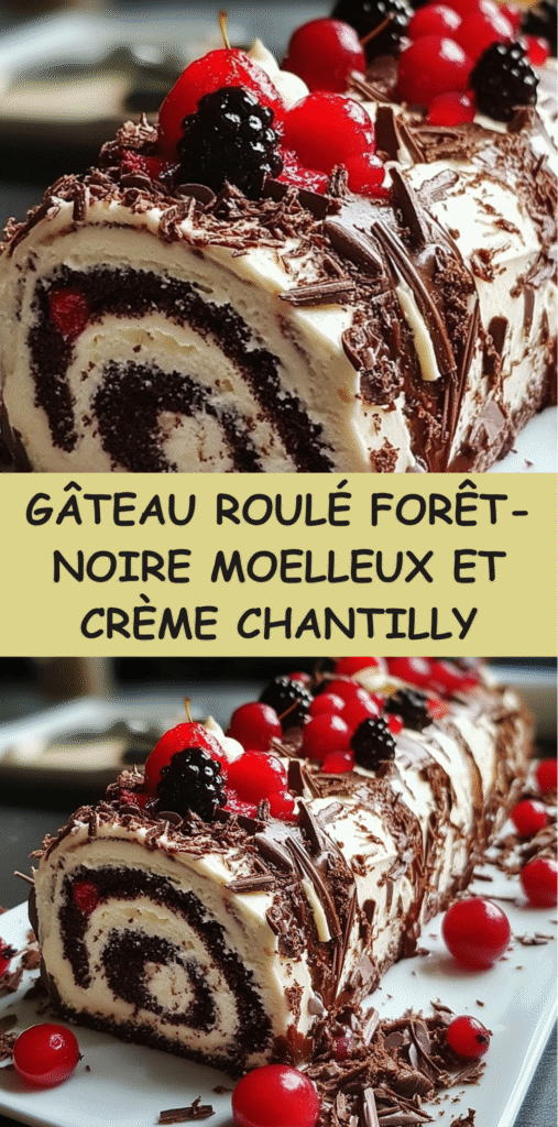 Gâteau roulé Forêt-Noire garni de chantilly, cerises et copeaux de chocolat noir.
