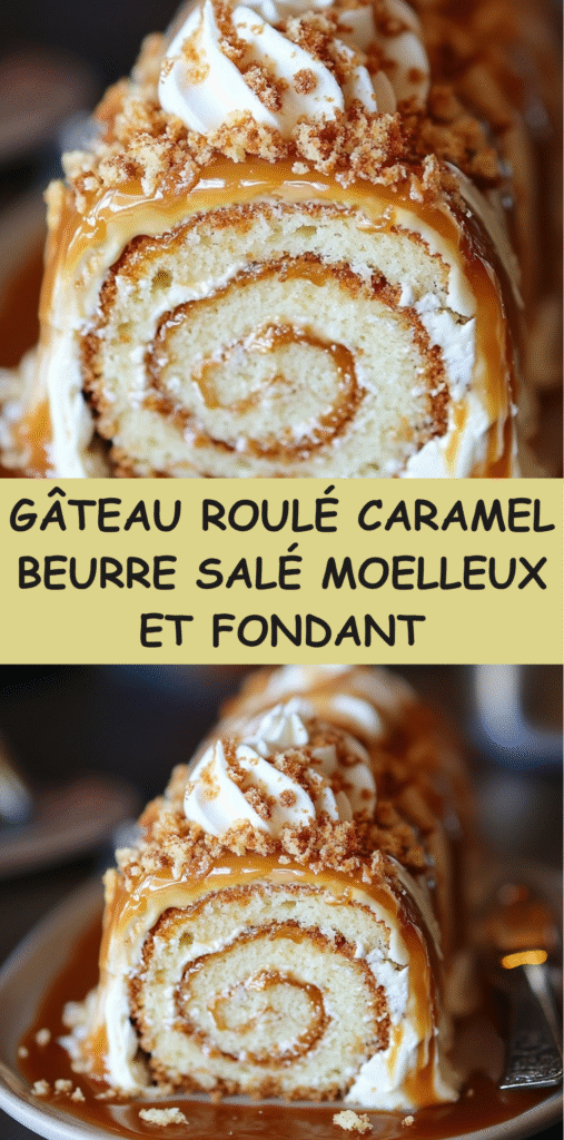 Gâteau roulé garni de crème caramel au beurre salé et nappé de caramel.