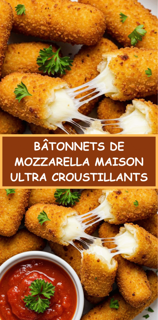 Bâtonnets de mozzarella dorés et croustillants avec intérieur fondant, servis avec sauce marinara.
