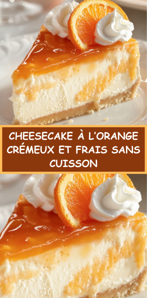 Cheesecake crémeux à l’orange avec base biscuitée et tranches d’orange fraîches sur le dessus.