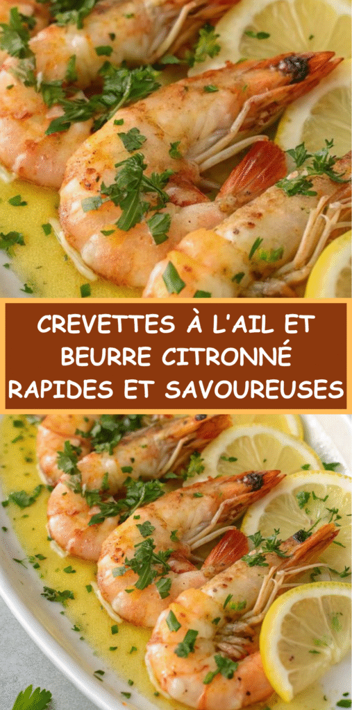 Crevettes à l’ail et au beurre citronné sautées, garnies de persil frais.