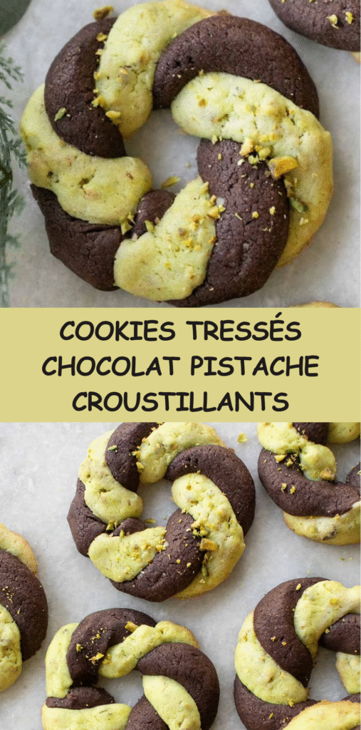 Cookies tressés bicolores chocolat pistache en forme de couronnes dorées et torsadées.