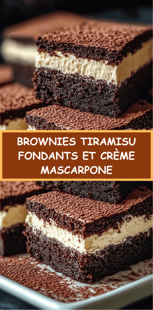 Carrés de brownies tiramisu avec crème mascarpone épaisse et cacao saupoudré.