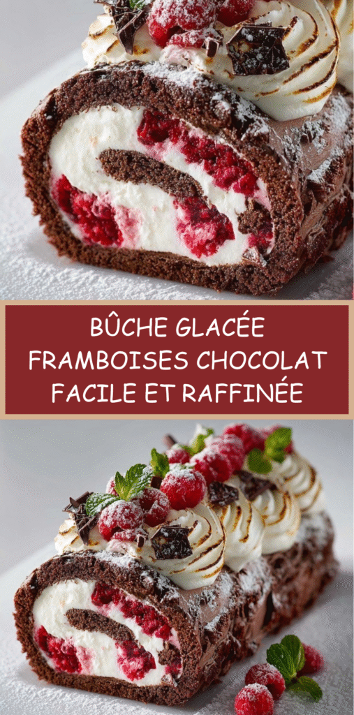 Bûche glacée roulée au cacao garnie de crème glacée et framboises, recouverte de meringue caramélisée et décorée de framboises fraîches et copeaux de chocolat.