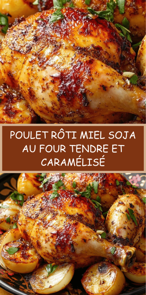 Cuisses de poulet rôti au miel et à la sauce soja, dorées et caramélisées, servies dans un plat avec oignons et herbes fraîches.