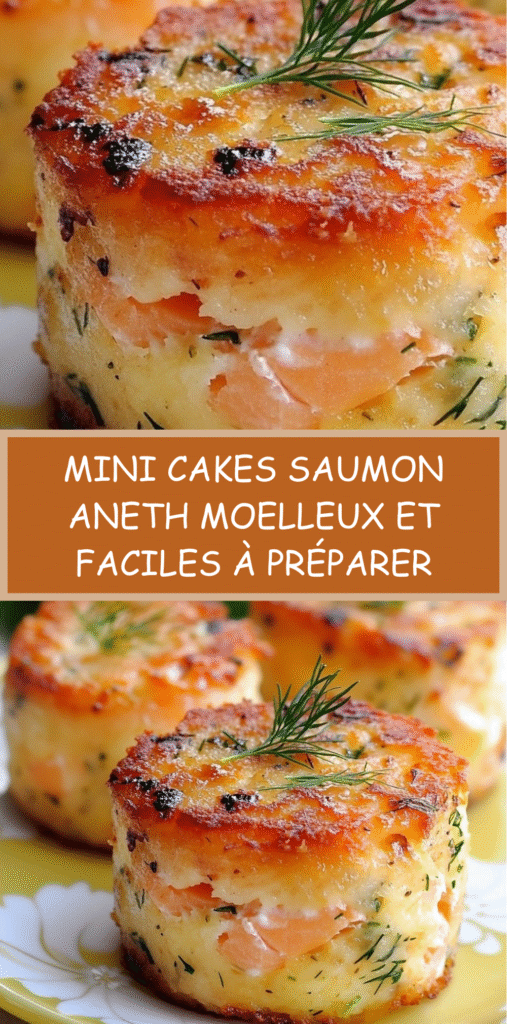 Mini cakes salés au saumon et à l’aneth, dorés et moelleux, présentés sur une assiette posée sur une table en bois clair.