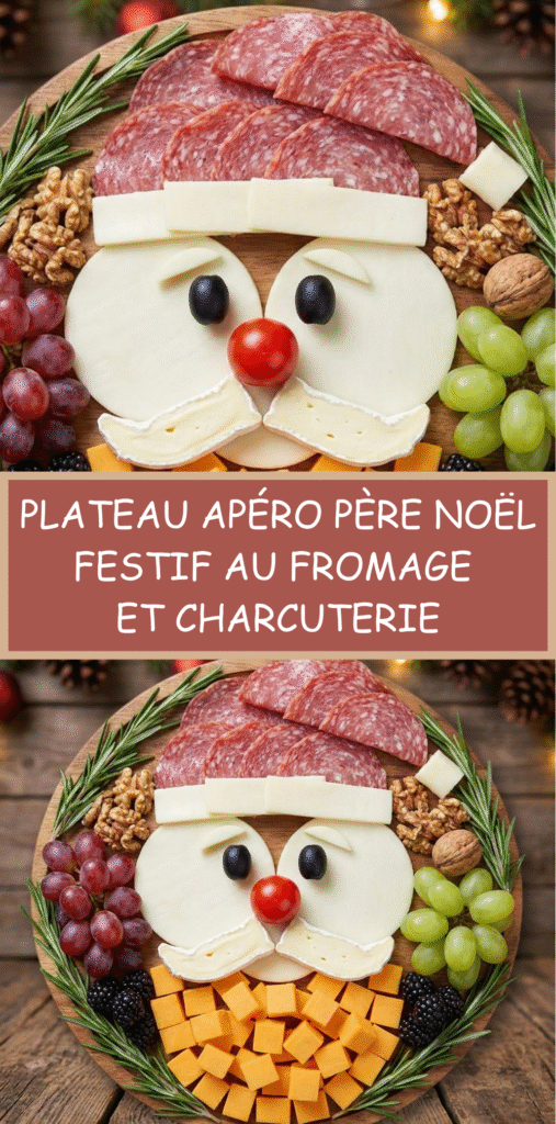 Plateau apéro en forme de visage de Père Noël composé de saucisson, fromages, olives, tomate cerise et fruits.