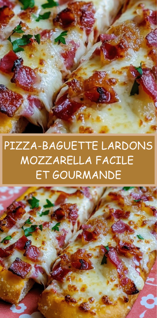 Pizza-baguette garnies de coulis de tomate, mozzarella fondue, lardons croustillants et persil frais servies sur une plaque de cuisson.