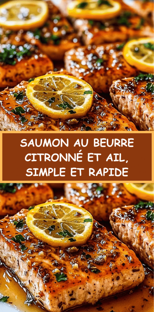 Saumon au beurre dorés nappés de sauce beurre citron ail, garnis de persil et citron frais.