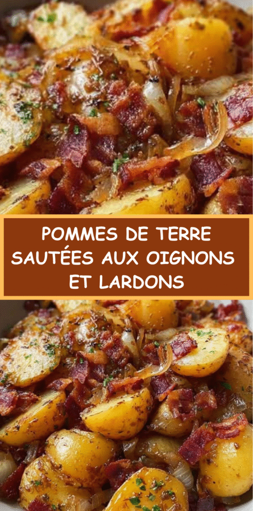 Pommes de terre sautées dorées avec oignons caramélisés et lardons croustillants, garnies d’herbes fraîches.
