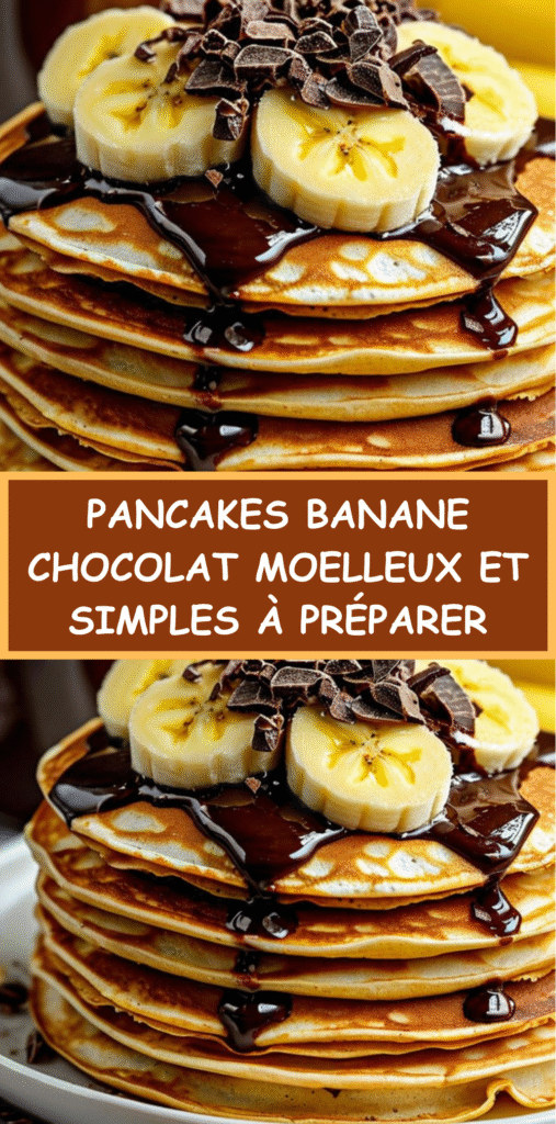 Empilement de pancakes banane chocolat moelleux, parsemés de pépites et garnis de banane fraîche.