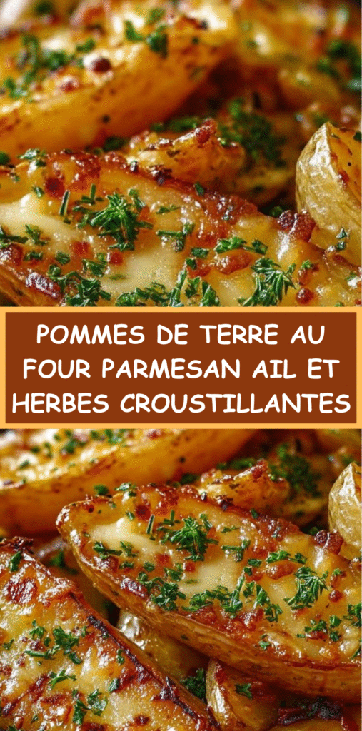 Quartiers de pommes de terre rôtis au four, croustillants, enrobés de parmesan, ail et herbes, garnis de persil frais.
