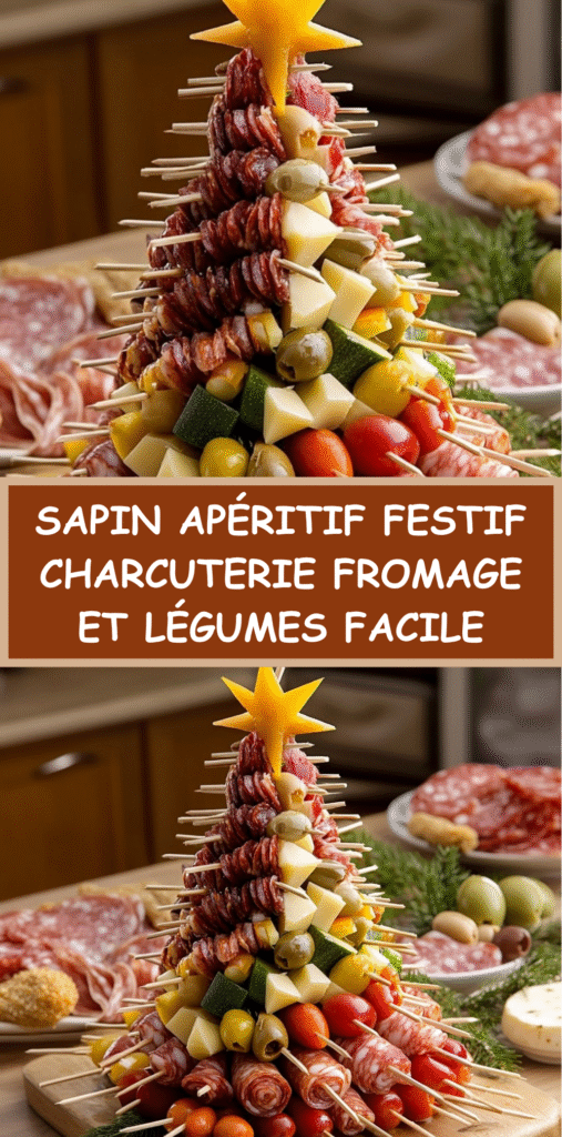 Sapin apéritif réalisé avec charcuterie, fromages, tomates cerises, olives et légumes montés sur un cône.