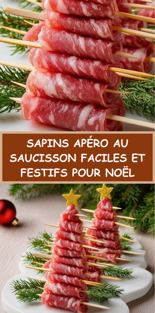 Brochettes en forme de sapins composées de tranches de saucisson pliées, décorées de romarin et d’une étoile comestible.