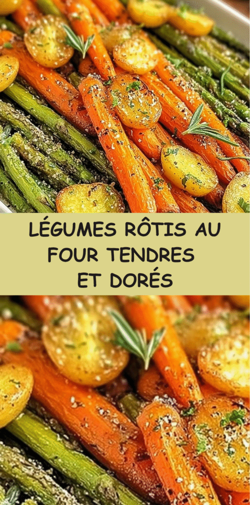 Assortiment de légumes rôtis au four, asperges, carottes et pommes de terre dorées avec herbes et fleur de sel.