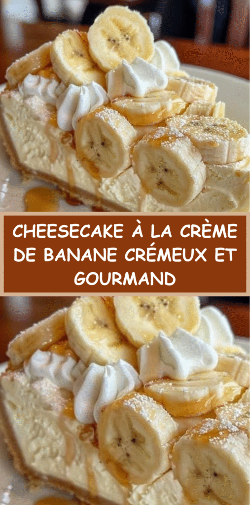 Cheesecake à la crème de banane, garni de crème fouettée, de tranches de banane et d’un filet de caramel.