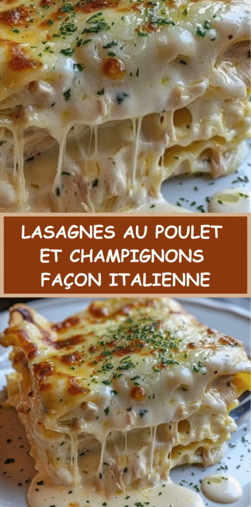 Plat de lasagnes au poulet et champignons, gratinées avec mozzarella et parmesan sur le dessus.