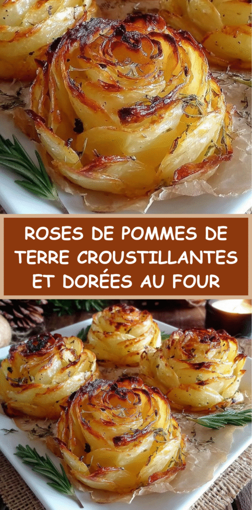 Roses de pommes de terre dorées et croustillantes dans un moule à muffins, formées de fines tranches superposées.