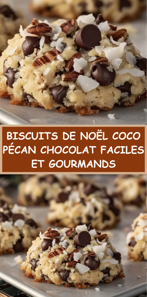 Biscuits de Noël moelleux à la noix de coco, chocolat et noix de pécan dorés sur une plaque.